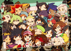  6+boys 6+girls :d :o alder_(pokemon) baseball_cap bianca_(pokemon) black_eyes black_hair blonde_hair blue_eyes blue_hair blush brown_hair burgh_(pokemon) caitlin_(pokemon) cheren_(pokemon) chibi clay_(pokemon) clipboard closed_eyes clothing_request colress_(pokemon) commentary_request copyright_name cowboy_hat crown drayden_(pokemon) elesa_(pokemon) everyone freckles ghetsis_(pokemon) glasses green_eyes green_hair grey_eyes grimsley_(pokemon) grin hat highres hilda_(pokemon) hugh_(pokemon) iris_(pokemon) kamikaze0211 looking_at_viewer looking_to_the_side marlon_(pokemon) marshal_(pokemon) mask mouth_mask multiple_boys multiple_girls n_(pokemon) nate_(pokemon) one_eye_closed open_mouth orange_hair photo_(object) photoshop_(medium) pokemon pokemon_bw pokemon_bw2 purple_hair red_eyes red_hair red_headwear rosa_(pokemon) roxie_(pokemon) salute shadow_triad shauntal_(pokemon) skyla_(pokemon) smile team_plasma team_plasma_grunt v visor_cap white_hair white_headwear yellow_eyes 