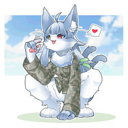  1:1 2023 4_toes 5_fingers ahoge ambiguous_gender anon anthro anthro_focus biped blue_body blue_ears blue_fur blue_hair blue_inner_ear bottomless bottomless_anthro bottomless_male camo camo_clothing camo_jacket camo_print camo_topwear carrying_another cheek_tuft claws clothed clothing cloud colored crouching day digital_media_(artwork) digitigrade domestic_cat duo extreme_size_difference eyelashes facial_tuft featureless_crotch feet felid feline felis finger_claws fingerpads fingers fluffy forked_tail front_view full-length_portrait fur gentle_giant glistening glistening_eyes hair heart_symbol heterochromia hi_res holding_character human human_on_anthro humanoid_hands inner_ear_fluff interspecies japan_air_self-defense_force kemono larger_anthro larger_male long_hair looking_at_another macro male male/ambiguous male_(lore) male_anthro male_on_human mammal mimizuku monotone_hair neck_tuft omaneko_(jasdf) on_finger open_mouth open_smile outside pattern_clothing pattern_topwear pawpads pictographics pink_eyes pink_pawpads pink_tongue pockets portrait pupils shaded shirt_pocket short_snout sitting size_difference sky slit_pupils smaller_ambiguous smaller_human smile snout solo_focus speech_bubble tail toe_claws toes tongue topwear tuft unusual_anatomy unusual_tail whiskers white_body white_fur white_inner_ear_fluff yellow_eyes 