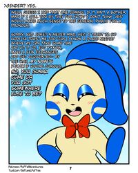  4:5 absurd_res anthro bow_ribbon dialogue english_text eyelashes female forest forest_background fur grass hi_res makeup male mascara minun nature nature_background nintendo peach_(rodent_powered) plant pok&eacute;mon_(species) pok&eacute;mon_mystery_dungeon pokemon red_eyes rodent_powered_(softestpuffss) semi-anthro slight_blush softestpuffss solo text tree video_games yellow_body yellow_fur 