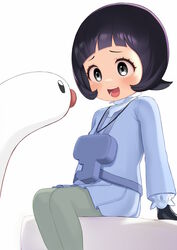  :d arm_support atg_(wttoo0202) black_gloves black_hair blue_cardigan blue_skirt blunt_bangs blush cardigan commentary_request eyelashes female gloves green_pantyhose grey_eyes highres jewelry long_sleeves necklace open_mouth pantyhose pleated_skirt pokemon pokemon_(creature) pokemon_sv poppy_(pokemon) raised_eyebrows short_hair sitting skirt smile teeth tongue white_background wiglett 