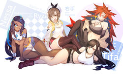  4girls :d atelier_(series) atelier_ryza atelier_ryza_1 between_breasts bike_shorts bikini black_hair blue_eyes blue_gloves blue_hair breasts brown_eyes brown_hair brown_legwear bubble_tea bubble_tea_challenge character_name cleavage commentary_request copyright_name crop_top cross-laced_footwear crossed_legs crossover dark-skinned_female dark_skin drinking_straw earrings elbow_gloves final_fantasy final_fantasy_vii final_fantasy_vii_remake fingerless_gloves gloves hair_bun hat highres hoop_earrings jewelry large_breasts legs long_hair looking_at_viewer lying midriff multicolored_hair multiple_crossover multiple_girls navel necklace nessa_(pokemon) on_side open_mouth original partially_fingerless_gloves pokemon pokemon_swsh red_eyes red_footwear red_hair red_shorts reisalin_stout shen_(snakeping) shipl short_hair short_shorts shorts single_glove single_hair_bun sitting smile sparkle sportswear star_(symbol) swimsuit tankini thighhighs thighs tifa_lockhart two-tone_hair white_headwear 