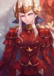  aged_up blonde_hair blue_eyes cape closed_mouth commentary crown double_bun dress edelgard_von_hresvelg feh_xeri female fire_emblem fire_emblem:_three_houses hair_bun hair_ornament headpiece highres red_dress solo upper_body 