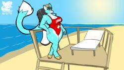  16:9 2019 anthro antlers beach big_breasts black_hair blue_body blue_fur breasts chair cleavage clothed clothing deer domestic_cat eyewear felid feline felis female fluffy fluffy_tail fully_clothed fur furniture glasses hair hi_res hooves horn hybrid lifeguard long_hair long_tail mammal one-piece_swimsuit one_piece ponytail rylie_(hypernovagm) sand seaside solo swimwear tail text text_on_clothing text_on_swimwear thefoxsista thick_thighs water wide_hips widescreen 