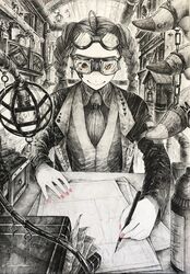  book braid clock collared_shirt commentary_request drawing earrings female goggles goggles_on_eyes goggles_on_head greyscale holding holding_pencil industrial_pipe jacket jar jewelry long_sleeves looking_at_viewer mihiro_00122 monochrome necktie open_clothes open_jacket orange_eyes original pencil pink_nails shirt smile solo spot_color twin_braids twintails upper_body vest 