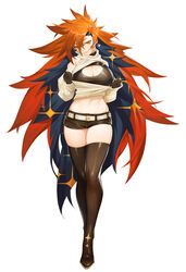  belt black_gloves black_hair black_shorts black_thighhighs breasts cleavage cleavage_cutout clothing_cutout commentary_request earrings eyes_visible_through_hair female full_body gloves hair_between_eyes highres jewelry large_breasts long_hair looking_at_viewer midriff multicolored_hair navel original red_eyes red_hair shen_(snakeping) shipl short_shorts shorts simple_background solo sparkle standing thighhighs thighs two-tone_hair white_background 