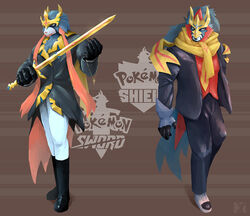  2019 anthro anthrofied blue_body blue_fur boots bottomwear canid canine clothed clothing crowned_shield_zamazenta crowned_sword_zacian duo footwear fur generation_8_pokemon legendary_pokemon m7 male mammal melee_weapon nintendo pokemon pokemon_(species) red_body red_fur scarf shoes sword topwear weapon zacian zamazenta 