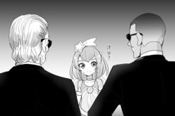  2boys agent_j_(men_in_black) agent_k business_suit commentary_request cure_milky earrings female formal greyscale hagoromo_lala headband highres jewelry men_in_black monochrome multiple_boys precure star_twinkle_precure suit sunglasses zwei_(santanawamuujojo) 