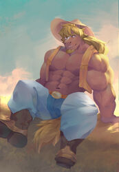  abs amber_eyes anthro belt belt_buckle blonde_hair blonde_mane boots bottomwear bozi brown_body brown_fur buckle clothing cloud cowboy cowboy_boots deep_navel equid equine facial_hair footwear fur goatee hair hat hay headgear headwear hi_res horse light male mammal mane muscular muscular_anthro muscular_male navel pants sitting sky smile solo sunlight sunset topwear vest 