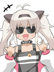  :d antenna_hair blush collar commentary_request fangs female grey_hair highres long_hair long_sleeves looking_at_viewer matsukai_mao nijisanji ohako open_mouth partial_commentary simple_background smile solo spiked_collar spikes sunglasses twintails upper_body virtual_youtuber white_background 