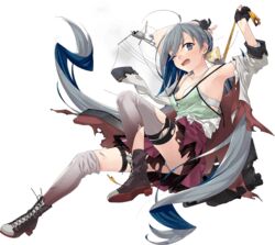  ahoge bow bowtie female fujikawa full_body grey_eyes grey_hair hair_between_eyes hair_ribbon kantai_collection kiyoshimo_(kancolle) kiyoshimo_kai_ni_(kancolle) legs long_hair long_sleeves looking_at_viewer low_twintails official_art one_eye_closed open_mouth ribbon school_uniform solo torn_clothes transparent_background twintails very_long_hair 