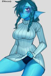  2:3 amphibian amphibian_humanoid animal_humanoid anthro clothed clothing clothing_lift female fish hi_res humanoid marine panties panty_peek pinup pose roxxxan solo underwear upskirt 