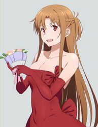  :d asuna_(sao) bouquet bow braid breasts brown_hair cleavage collarbone covered_navel dress dress_bow elbow_gloves female gloves half_up_braid holding holding_bouquet large_breasts long_hair puge red_bow red_dress red_gloves short_ponytail simple_background smile solo sword_art_online 