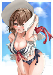  bikini blue_sky breasts brown_hair cloud collarbone female front-tie_bikini_top front-tie_top furutaka_(kancolle) glowing glowing_eye hat heterochromia highres kantai_collection kasashi_(kasasi008) large_breasts leaning_forward shirt short_hair side-tie_bikini_bottom sky sleeveless sleeveless_shirt smile solo sun_hat swimsuit white_hat white_shirt yellow_eyes 