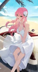  absurdres alternate_costume bare_legs bare_shoulders beach blush breasts car cleavage dress feet_out_of_frame female floating_hair flower hair_between_eyes hair_flower hair_ornament highres idolmaster idolmaster_cinderella_girls jougasaki_mika looking_at_viewer medium_breasts motor_vehicle ningen_gokko outdoors pink_hair sleeveless sleeveless_dress smile solo steering_wheel white_dress 