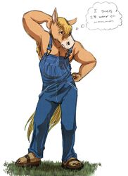  anthro blonde_hair blonde_mane blue_clothing blue_overalls brown_body brown_clothing brown_footwear brown_fur brown_sandals clothed clothing cseed dialogue english_text equid equine footwear fur grass hair hand_behind_head horse male mammal mane overalls plant sandals simple_background solo tan_body tan_fur text thought_bubble topless white_background 