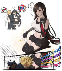  1boy ? absurdres arm_around_shoulder arm_guards armor azezazel bare_shoulders bench black_gloves black_hair black_skirt black_sports_bra black_thighhighs blonde_hair blue_sweater blush breasts carrying carrying_person cloud_strife couple crop_top ear_blush earrings elbow_gloves english_commentary female final_fantasy final_fantasy_vii final_fantasy_vii_remake fingerless_gloves flying_sweatdrops gloves hair_behind_ear health_bar highres jewelry lap_pillow lap_pillow_invitation large_breasts light_blush long_hair low-tied_long_hair midriff miniskirt navel parted_lips red_eyes resting ribbed_sweater seiza shoulder_armor signature single_earring sitting skirt sleeveless sleeveless_turtleneck sparkle speed_lines spiked_hair spoken_question_mark sports_bra straight suspender_skirt suspenders sweater swept_bangs tank_top teardrop_earrings thighhighs tifa_lockhart turtleneck turtleneck_sweater twitter_username very_long_hair white_background white_tank_top zettai_ryouiki 