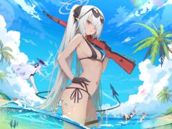  4girls ;o ako_(blue_archive) ball beachball bikini black_gloves blood blue_archive bolt_action breasts chinatsu_(blue_archive) demon_tail eyewear_on_head gloves grey_hair gun halo hand_on_own_hip highres hina_(blue_archive) hina_(swimsuit)_(blue_archive) holding holding_gun holding_weapon hukahire0120 iori_(blue_archive) iori_(swimsuit)_(blue_archive) jumping long_hair looking_at_viewer mauser_98 multiple_girls nosebleed official_alternate_costume one_eye_closed outdoors palm_tree prefect_team_(blue_archive) rifle side-tie_bikini_bottom small_breasts solo_focus spiking sunglasses swimsuit tail thigh_strap tree twintails very_long_hair wading weapon 