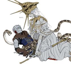  1boy 1other absurdres animal belt blood brown_belt brown_gloves brown_scarf chosen_undead dark_souls_(series) dark_souls_i dark_sun_gwyndolin detached_sleeves dress english_text facing_another gloves gold_headwear grey_dress helm helmet highres holding holding_staff holding_sword holding_weapon lying on_back otoko_no_ko scarf short_hair short_sleeves shoulder_plates simple_background sitting snake staff sword teeth torn_clothes torn_scarf veins weapon white_background zunkome 