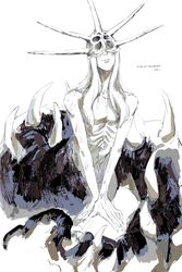  1boy absurdres aldrich_devourer_of_gods arm_support bone closed_mouth collarbone dark_souls_(series) dark_souls_iii dark_sun_gwyndolin fingernails helmet highres long_hair male_focus monster ribs sharp_fingernails skinny spiked_helmet topless_male translation_request zunkome 