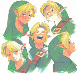  blonde_hair blue_eyes bodily_fluids closed_eyes clothed clothing crying eyebrows green_clothing hair humanoid humanoid_pointy_ears hylian male nintendo not_furry open_mouth open_smile smile solo tears the_legend_of_zelda uzucake young young_humanoid young_link 