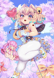  2girls ahoge alternate_costume arm_tattoo blonde_hair blue_eyes blue_hair blue_sky blush bomb_hair_ornament bombergirl bow breasts cloud colored_tips commentary_request fuse_tail gloves grenade_hair_ornament hair_intakes heart highres looking_at_viewer magical_girl momoko_(bombergirl) multicolored_hair multiple_girls oerba_yun_fang open_mouth outdoors panties pine_(bombergirl) pink_bow skin_fang sky tail tail_bow tail_ornament tattoo two_side_up underwear variant_set wanyuudou_(fwen5284) white_gloves white_panties yellow_bow yellow_footwear yellow_pupils 