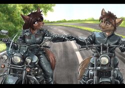  2023 5_fingers absurd_res anthro biker biped black_bars black_clothing black_gloves black_handwear black_jacket black_topwear bottomwear brother_(lore) brother_and_sister_(lore) brown_body brown_eyes brown_fur brown_hair canid canine canis clothed clothing duo ewgengster_(artist) eye_contact female fingers fist_bump fully_clothed fur gesture gloves grass grey_eyes hair handwear heterochromia hi_res inner_ear_fluff jacket keidran leather leather_bottomwear leather_clothing leather_gloves leather_handwear leather_jacket leather_pants leather_topwear letterbox long_hair looking_at_another male mammal motorcycle natani pants plant riding_motorcycle road sibling_(lore) sister_(lore) smile topwear traditional_media_(artwork) tree tuft twokinds vehicle wolf zen_(twokinds) 