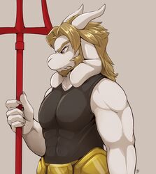  2023 absurd_res aged_down anthro asgore_dreemurr beard blonde_hair boss_monster_(undertale) bovid caprine clothed clothing digital_media_(artwork) facial_hair fur hair hi_res holding_trident horn long_ears louart male mammal signature simple_background solo undertale undertale_(series) white_body white_fur 