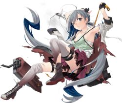  ahoge bow bowtie female fujikawa full_body grey_eyes grey_hair hair_between_eyes hair_ribbon kantai_collection kiyoshimo_(kancolle) kiyoshimo_kai_ni_(kancolle) legs long_hair long_sleeves looking_at_viewer low_twintails official_art one_eye_closed open_mouth ribbon school_uniform solo torn_clothes transparent_background twintails very_long_hair 