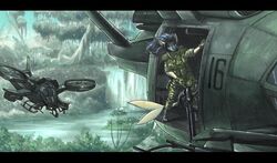  2023 absurd_res aircraft anthro at-99_scorpion_gunship biped black_bars blue_hair clothing ewgengster_(artist) female fish forest gas_mask hair helicopter hi_res james_cameron&#039;s_avatar letterbox marine mask military_uniform outside pandora_(planet) plant red_eyes sa-2_samson_gunship saryn_(srinon) scales shark solo traditional_media_(artwork) tree uniform vehicle vtol yellow_body yellow_scales 