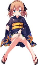  black_kimono black_ribbon blue_eyes blush brown_hair bruise female full_body hachijou_(kancolle) hair_ribbon injury japanese_clothes kantai_collection kimono legs long_sleeves official_art ribbon short_hair sitting solo torn_clothes torn_kimono transparent_background ugume yukata 