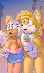  3:5 absurd_res amusement_park amusement_ride anthro bat big_breasts blush bottomwear breasts candy canid canine cleavage clothed clothing cotton_candy dessert duo female food fox gloves handwear hi_res ice_cream krazyelf male male/female mammal rouge_the_bat sega skirt sonic_the_hedgehog_(series) tails 