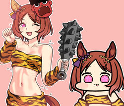  :3 animal_ears beans blush breasts brown_hair cleavage club_(weapon) commentary female hair_ornament holding holding_weapon horse_ears horse_girl horse_tail jazz_jack kanabou looking_at_viewer mask navel one_eye_closed oni_costume oni_mask open_mouth pink_background purple_eyes sakura_laurel_(oni_laurel)_(umamusume) sakura_laurel_(umamusume) small_breasts solo spiked_club tail umamusume umamusume:_star_blossom weapon 