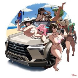  6+girls absurdres ahoge android aqua_eyes aqua_hair barefoot between_breasts bikini black-framed_eyewear black_hair blue_eyeshadow blue_lips borrowed_character breast_hold breasts car character_request cleavage commentary condy_(condylonucla) crossover cup dark-skinned_female dark_skin disposable_cup double_bun elbow_spikes english_commentary eyeshadow freckles girl_sandwich glasses green_hair hair_bun head_between_breasts highres huge_ahoge huge_breasts joints kamina_shades kansu-kansu large_breasts lexus lexus_(kansu-kansu) lexus_gx liz_(flytrapxx) long_hair lying makeup motor_vehicle multicolored_hair multiple_crossover multiple_girls nerf_gun nerf_maverick_rev-6 on_side on_vehicle original over-rim_eyewear pink_bikini pink_hair red_eyes revision rimless_eyewear robot_joints sandwiched semi-rimless_eyewear short_hair side-tie_bikini_bottom spikes sports_utility_vehicle strap_gap streaked_hair summer swimsuit tsona_(nyantcha) twintails underboob white_bikini yurp!_(bombsahoy) 