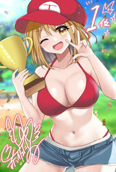  ;d adapted_costume akasa_tanu akasa_tanu_(vtuber) baseball_cap bikini blonde_hair blue_shorts breasts commentary_request confetti cosplay day female hat indie_virtual_youtuber mario mario_(cosplay) mario_(series) mario_hat mario_kart medium_hair navel one_eye_closed outdoors red_bikini red_hat short_shorts shorts smile solo stomach swimsuit trophy virtual_youtuber w yellow_eyes 