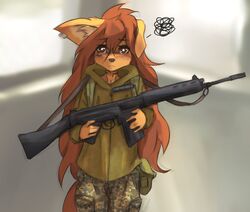  2023 5_fingers absurd_res anthro apogee_(tinygaypirate) battle_rifle bottomwear bridge_piercing brown_eyes brown_hair camo camo_bottomwear camo_clothing camo_pants camo_print canid canine canis cheek_piercing clothed clothing domestic_dog ear_piercing ear_ring eye_piercing facial_piercing female fingers fn_fal frustrated frustration_cloud fully_clothed gun hair hi_res holding_gun holding_object holding_ranged_weapon holding_weapon long_hair looking_at_viewer mammal nose_piercing one_ear_up pants pattern_bottomwear pattern_clothing pattern_pants piercing portrait ranged_weapon ring_piercing solo standing three-quarter_portrait tinygaypirate weapon 