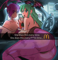  2girls ass bare_shoulders black_leotard blue_eyes breasts bridal_gauntlets car_interior commentary cup davecavedraws demon_girl disposable_cup drive-thru driving english_commentary gloves green_hair he_wants_to_order_(meme) head_wings highres leotard lilith_aensland long_hair looking_at_another looking_at_viewer looking_back mcdonald&#039;s medium_breasts meme morrigan_aensland multiple_girls orange_gloves pantyhose print_pantyhose profanity purple_eyes purple_hair purple_pantyhose short_hair siblings sisters snapchat steering_wheel strapless strapless_leotard three_quarter_view vampire_(game) wings 