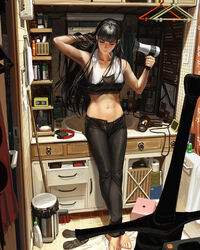  bare_arms bare_shoulders barefoot bathroom black_hair black_panties black_pants black_socks black_sports_bra blurry bottle bow bow_panties breasts broom cigarette clock closed_eyes closed_mouth clothes_hanger commentary compact_(cosmetics) crossed_ankles depth_of_field digital_clock drawer drying drying_hair electrical_outlet english_commentary eyelashes feet female glasses guweiz hair_dryer hairband hand_in_own_hair highres holding holding_hair_dryer indoors large_breasts long_hair long_sword midriff mirror mouth_hold navel no_shirt open_drawer open_fly original panties pants plant potted_plant red_hairband round_eyewear shelf sink soap soap_bottle socks solo sports_bra standing sword tile_floor tile_wall tiles toes towel towel_around_neck towel_rack trash_can underwear unworn_hairband unworn_socks very_long_hair weapon white_towel 