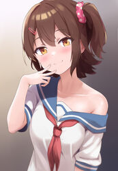  blue_sailor_collar blue_trim blurry blush breasts brown_eyes brown_hair closed_mouth collarbone commentary depth_of_field dot_nose female finger_to_mouth gradient_background grey_background hair_ornament hair_scrunchie hairclip hand_up highres idolmaster idolmaster_million_live! idolmaster_million_live!_theater_days kasuga_mirai koaya looking_at_viewer neckerchief one_side_up pink_scrunchie polka_dot polka_dot_scrunchie red_neckerchief sailor_collar school_uniform scrunchie serafuku shirt short_hair short_sleeves single_bare_shoulder single_off_shoulder small_breasts smile solo upper_body white_shirt 