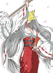  belt breasts cleavage digimon digimon_(creature) dk_(13855103534) female fox_mask grey_hair highres japanese_clothes long_hair mask miko sakuyamon sakuyamon:_miko_mode simple_background solo talisman white_background 