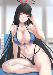  absurdres alternate_costume bikini biting_hair black_hair blue_archive breasts cleavage double_bikini female halo harold_japan highres large_breasts long_hair looking_at_viewer navel open_mouth red_eyes rio_(blue_archive) solo stomach swimsuit 