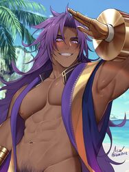  1boy abs asa_ifrit_(asaifrit) bara bare_pectorals beach bhima_(fate) blush cloud dark-skinned_male dark_skin day fate/grand_order fate_(series) highres large_pectorals long_hair male_focus male_pubic_hair muscular muscular_male navel nipples outdoors pectorals pubic_hair purple_eyes purple_hair sky smile solo teeth water 