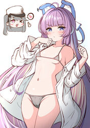  &gt;_o 2girls ;d absurdres azur_lane bare_shoulders bikini bikini_under_clothes blue_eyes blush_stickers breasts chibi chibi_inset collarbone collared_shirt commentary_request dress_shirt fingerprint grey_bikini grey_hair hands_up hat heart heart_in_mouth highres long_hair long_sleeves looking_at_viewer moyoron multiple_girls off_shoulder one_eye_closed one_side_up open_clothes open_shirt pamiat_merkuria_(azur_lane) peaked_cap purple_eyes purple_hair shirt small_breasts smile spoken_heart swimsuit tashkent_(azur_lane) thumbs_up very_long_hair white_headwear 