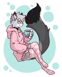  anthro bell bell_collar beverage big_tail blue_collar blush clothed clothing coffee coffee_cup coffee_mug collar container cup digital_media_(artwork) dipstick_ears dipstick_tail domestic_cat ear_markings egyptian_mau eyewear felid feline felis footwear fur glasses gold_bell grey_body hair happy hi_res holding_object honeytongue hoodie leg_warmers legwear male mammal markings multicolored_ears nixuelle oversized_clothing oversized_hoodie oversized_topwear pattern_clothing pattern_legwear pink_clothing pink_hoodie pink_nose pink_topwear simple_background socks solo striped_clothing striped_legwear stripes tail tail_markings thigh_high_stockings thigh_highs thigh_socks topwear 