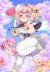  2girls ahoge alternate_costume arm_tattoo blonde_hair blue_hair blue_sky blush bomb_hair_ornament bombergirl bow breasts closed_eyes closed_mouth cloud colored_tips commentary_request fuse_tail gloves grenade_hair_ornament hair_intakes heart highres magical_girl momoko_(bombergirl) multicolored_hair multiple_girls outdoors panties pine_(bombergirl) pink_bow sky tail tail_bow tail_ornament tattoo two_side_up underwear variant_set wanyuudou_(fwen5284) white_gloves white_panties yellow_bow yellow_footwear 