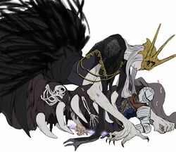  1boy 1other absurdres aldrich_devourer_of_gods ambiguous_gender black_cloak black_nails boy_on_top bug chosen_undead cloak closed_mouth dark_souls_(series) dark_souls_i dark_souls_iii dark_sun_gwyndolin facing_another fingernails gold_headwear grey_hair helm helmet highres holding holding_sword holding_weapon long_hair monster nail_polish profile see-through sharp_fingernails skull smile sword teeth weapon white_background zunkome 