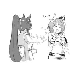  &gt;_&lt; 2girls animal_ears bandeau bare_shoulders beans bowl breasts clenched_hands cropped_torso detached_sleeves ear_covers greyscale holding holding_bowl horse_ears horse_girl long_hair long_sleeves mask mask_on_head midriff monochrome multiple_girls narita_brian_(umamusume) navel nazono77 open_mouth ponytail sailor_collar sakura_laurel_(umamusume) shirt short_hair small_breasts smile speed_lines throwing umamusume umamusume:_star_blossom upper_body 