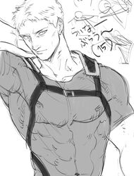  1boy absurdres arm_behind_head bad_id bad_twitter_id chest_belt covered_nipples greyscale highres kogu_(nue_insideout) male_focus monochrome reiner_braun shingeki_no_kyojin shirt short_hair solo three-dimensional_maneuver_gear tight_clothes tight_shirt upper_body 