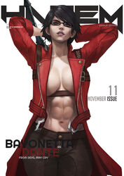  abs absurdres bayonetta bayonetta_(series) bayonetta_2 black_hair breasts coat cosplay cover crossover dante_(devil_may_cry) dante_(devil_may_cry)_(cosplay) devil_may_cry_(series) devil_may_cry_3 fake_magazine_cover female glasses highres jacket large_breasts lips lipstick looking_at_viewer magazine_cover makeup mole mole_under_mouth monori_rogue muscular muscular_female navel no_bra red_coat short_hair simple_background solo sword thigh_gap toned weapon 