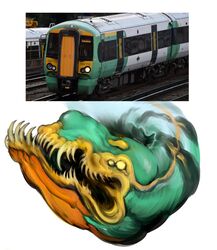  2023 4_eyes absurd_res ambiguous_gender big_teeth black_mouth bombardier bombardier_electrostar british british_rail british_rail_class_377_electrostar bulbous_nose digital_media_(artwork) digital_painting_(artwork) dragon electric_railcar empty_eyes england exposed_teeth fangs feral glistening glistening_body green_body headshot_portrait hi_res how_to_dragon_your_train hybrid jagged_mouth living_machine living_train living_vehicle locomorph machine markings meme monotone_body monster multi_eye mythological_creature mythological_scalie mythology open_mouth photo portrait railcar reference_image reptile scalie scary serpentine sharp_teeth simple_background solo southern_(british_railway) stripes teeth train underbite vehicle white_background witnesstheabsurd yellow_eyes yellow_markings yellow_stripes yellow_teeth 