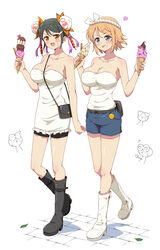  2girls :o :p absurdres armpit_crease bag baozi baozi_hair_ornament bare_shoulders belt bike_shorts bike_shorts_under_skirt black_belt black_footwear black_hair blue_pants blue_shorts blush body_blush boots breasts bulging_eyes bun_(food) chibi chibi_inset chocolate_syrup cleavage collarbone denim denim_skirt dessert double_bun dumpling eating eggman_(pixiv28975023) fanny_pack female firecrackers food food-themed_hair_ornament fuse green_eyes hachimaki hair_between_eyes hair_bun hair_ornament hairclip hanabi_(senran_kagura) handbag headband heart heart-shaped_eyes heart-shaped_pupils heartbeat highres holding holding_food holding_ice_cream ice_cream ice_cream_cone large_breasts leaf looking_at_viewer meimei_(senran_kagura) multiple_girls nejiri_hachimaki nose_blush open_mouth orange_eyes orange_hair pants pink_nails platform_boots platform_footwear purple_ribbon ribbon senran_kagura senran_kagura_estival_versus senran_kagura_new_wave shiny_skin short_hair short_shorts shorts simple_background skirt small_sweatdrop smile smiley_face soft_serve standing star_(symbol) strapless sweat symbol-shaped_pupils tongue tongue_out triple_scoop tube_top v-shaped_eyebrows wafer_stick white_background white_footwear white_tube_top 